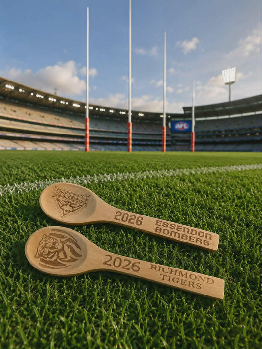 Engraved AFL Tigers & Bombers wooden spoon novelty gift for football banter