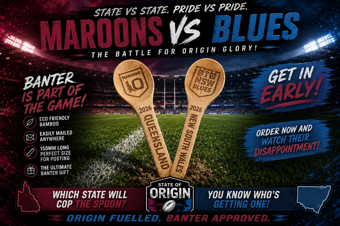 Engraved Origin QLD-NSW wooden spoon novelty gift for football banter
