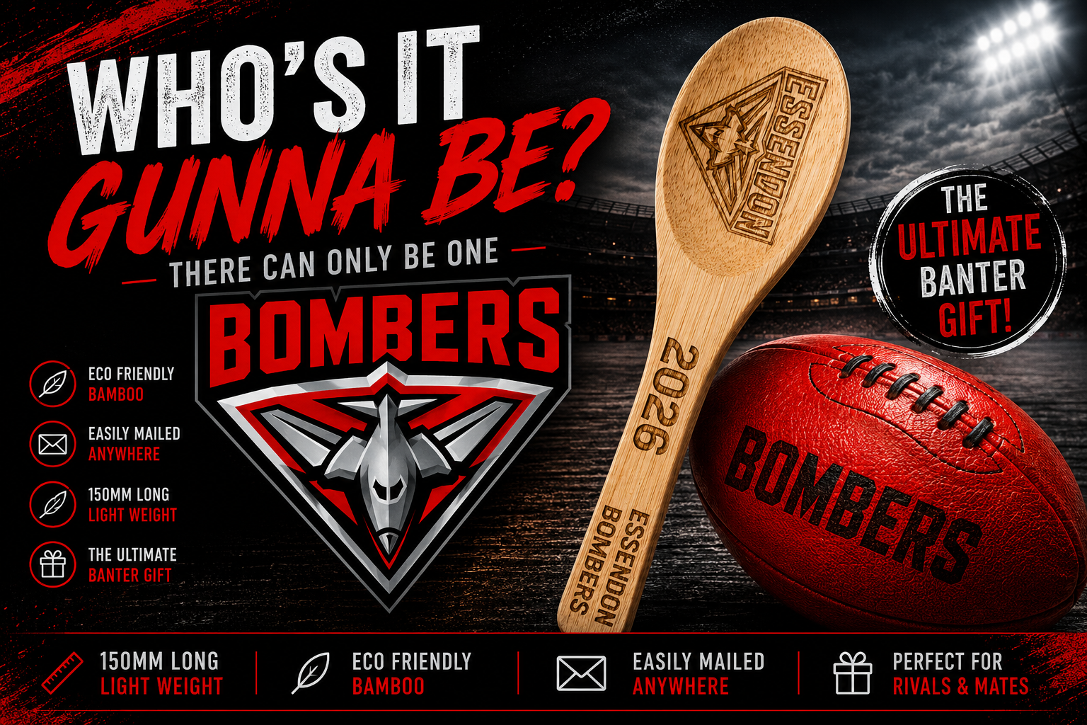 Engraved AFL Bombers wooden spoon novelty gift for football banter