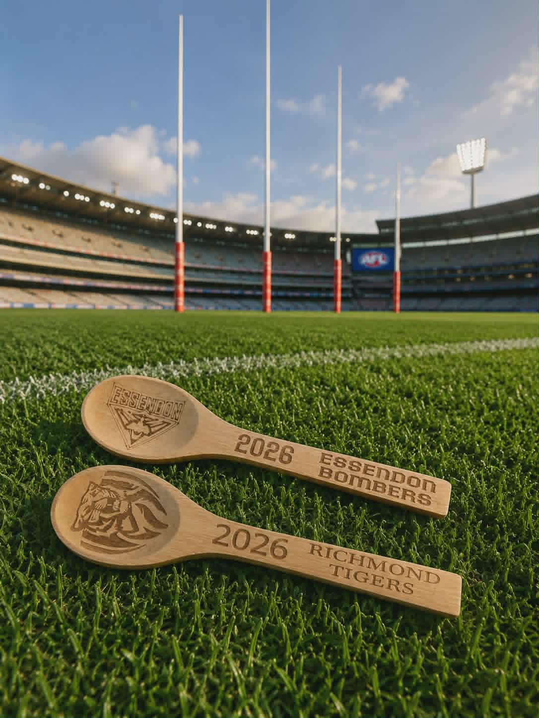 Engraved AFL Tigers & Bombers wooden spoon novelty gift for football banter