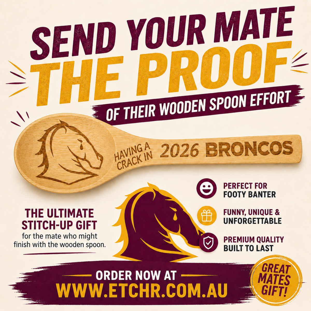 2. BRONCOS "Having a Crack" 2026 Team Wooden Spoon ✅ FREE SHIPPING AUSTRALIA-WIDE