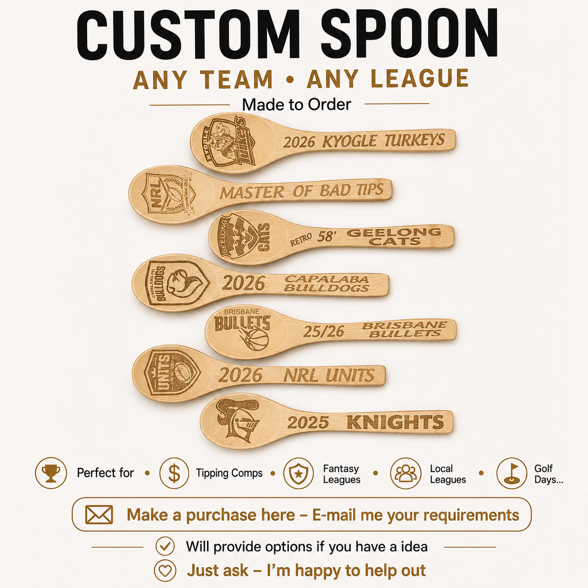 5. Custom Wooden Spoon Any Team, Any League ✅ FREE SHIPPING AUSTRALIA-WIDE