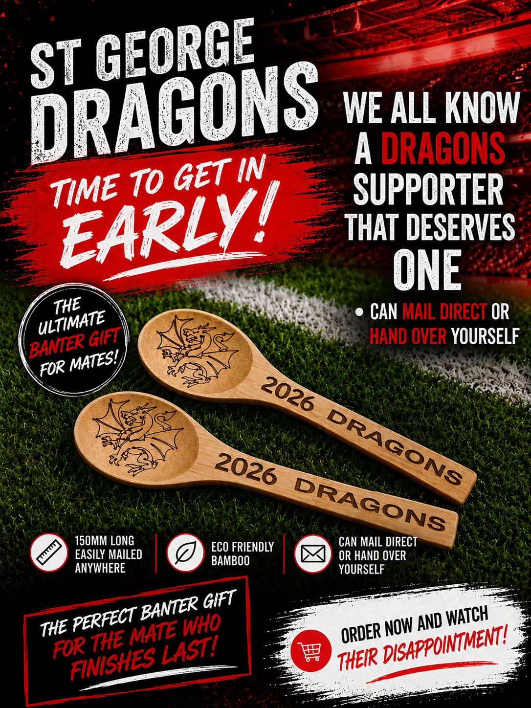 Engraved NRL wooden spoon novelty gift for football banter Dragons