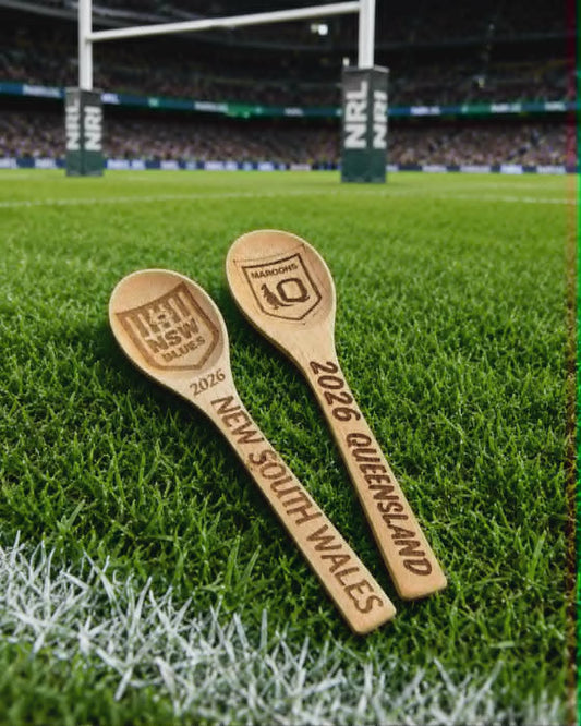 Engraved Origin QLD-NSW wooden spoon novelty gift for football banter